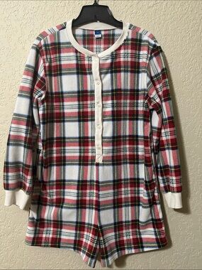 Old Navy Soft Plaid Long-Sleeve Henley Pajama Romper - Red & White S